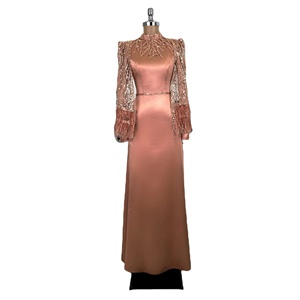 Robe de soirée en satin avec perles et paillettes Cape détaillée brodée sur le devant Abaya robe islamique modeste - Product Image 1