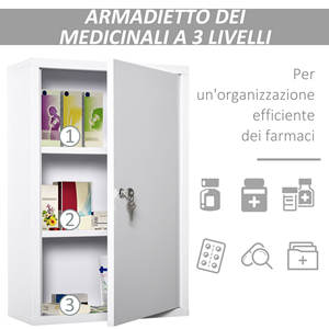 Armoire à pharmacie en acier à 3 niveaux kleankin avec 2 clés et fixation murale, 40x18x60 cm, blanc - Product Image 5