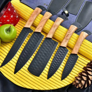Ensemble de couteaux de chef Burraq Professional 5 pièces en acier carbone fait main, manche en bois, ambidextre, passe au lave-vaisselle, couteaux de cuisine modernes - Product Image 3