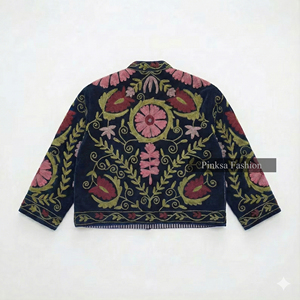 Abrigo Corto Étnico de Lujo para Mujer, Bordado a Mano Estilo Bohemio Suzani, Otoño Invierno, Ecológico, Transpirable, con Patrón Floral Vintage - Product Image 5