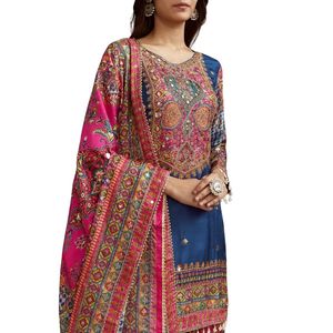 Abito blu stampato Kurta Palazzo con pizzo e paillettes Dupatta all'ingrosso donna abbigliamento etnico OEM fabbrica alla rinfusa - Product Image 4