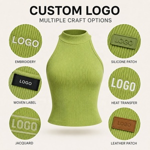 Women's Ribbed Halter <b>Crop</b> Tank <b>Top</b> Solid Green Knitted Breathable Casual Style - Product Image 2