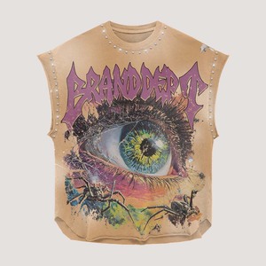 Camiseta 100% algodón para hombre, corte holgado, estampada, 240GSM, mezcla de algodón, color morado, sin mangas, estilo vintage, con pedrería, estampado DTG. - Product Image 6