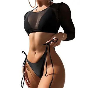 Popular new swimwear long sleeved mesh jacket women's three piece swimwear leopard print sexy bikini wholesale