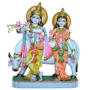Murti de Radha Krishna Sangmarmar con Vaca, Ídolo de Mármol Hecho a Mano para Templo en Casa - Product Image 1