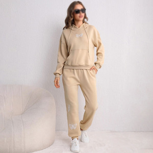 Conjunto de pantalones de chándal y Sudadera con capucha en blanco de corte regular, chándal personalizado de dos piezas, ropa de calle, chándal de Color melocotón para mujer - Product Image 1