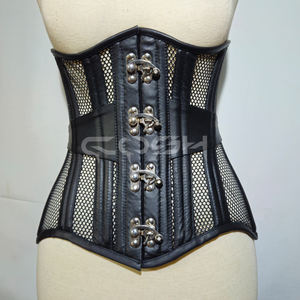 Corset lombaire en cuir noir robuste à double armature avec empiècements en maille et fermeture à boucle frontale |   Achetez maintenant - Product Image 4