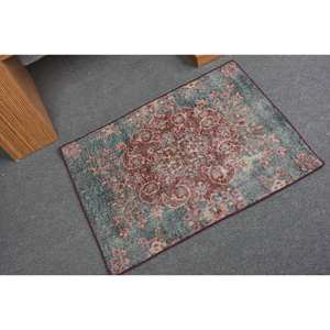 Tapis en laine patchwork rouge et bleu turc vintage 2x2,8 pieds style bohème tissage plat avec support en latex pour décorations de salon - Product Image 2