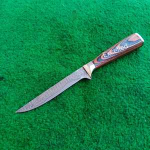 Couteau de chef en acier damas fait à la main, manche rond en bois, filet, couteau de cuisine tranchant avec étui en cuir - Product Image 2