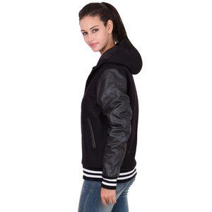 Veste universitaire à capuche pour femme, noire, manches en similicuir, mélange de laine, coupe-vent, manteau d'automne avec rayures contrastées, coupe classique - Product Image 3