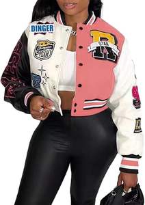 Chaqueta universitaria recortada personalizada para mujer, chaqueta de béisbol, bloque de color, estampado de letras, uniforme bombardero con botones Y2k - Product Image 1