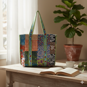 Large <b>Quilted</b> Patchwork 100% Cotton Lightweight Tote <b>Bag</b> with Long Handle for Travel & Shopping - Product Image 1