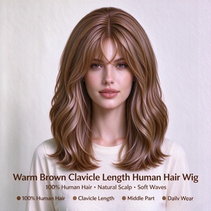 Perruque en cheveux humains brun chaud, ondulations douces, cuir chevelu naturel, raie au milieu, pour usage quotidien - Product Image 1