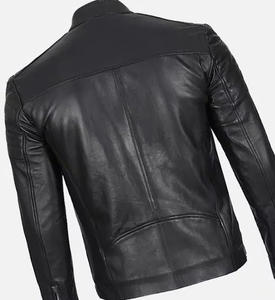 Chaqueta de motorista de piel de cordero auténtica de invierno informal para hombre en negro con cuello levantado y cierre de cremallera ODM Supply Plain Dyed Technics - Product Image 4