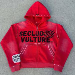 <b>Jacket</b> Crystal <b>Rhinestone</b> Double Zip up Hoodie MenCustom Vintage Washed Fleece French Terry Heavyweight Thick Zipper boxy hoodie - Product Image 1