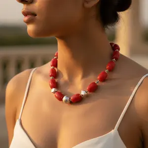 Collar de Cuentas de Ágata Roja para Mujer, Cadenas de Acero Inoxidable, Moderno, Clásico, Regalo Religioso Perfecto, Joyería de Plata de Ley, Jade, Perla - Product Image 2