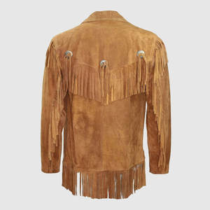 แจ็กเก็ตหนังคาวบอยสีน้ำตาลสำหรับผู้ชายหนังกลับแท้ประดับด้วยลูกปัด2024สไตล์ตะวันตก - Product Image 5