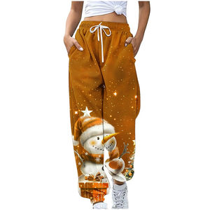 Pantalones de chándal informales sueltos con estampado de muñeco de nieve navideño para mujer, pantalones de vacaciones de invierno con cordón de cintura alta - Product Image 1