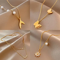 Nouveau collier coréen en zircon et perles avec pendentif cœur, en acier inoxydable doré, breloques étoile, lune, papillon et lettre, bijoux de mode