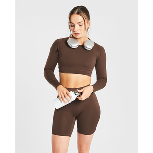 High Demand <b>Brown</b> Women Staple <b>Long</b> <b>Sleeves</b> Crop <b>Top</b> 4 way Stretch Soft And Lightweight Fitness Workout Crop <b>Top</b> Tees for Women - Product Image 5