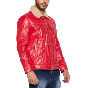 Elegante chaqueta de cuero rojo para hombre con cierre a presión de cuello de piel de oveja, perfecta para ropa de calle y salidas de invierno - Product Image 3