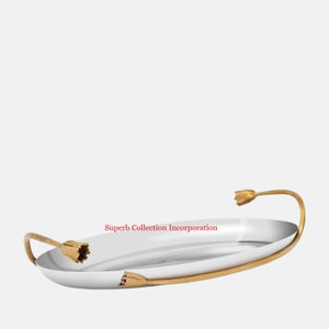 Grand plateau classique en acier inoxydable avec motif de feuille et poignée en métal pour servir du thé, du café ou des plats et assiettes - Product Image 5