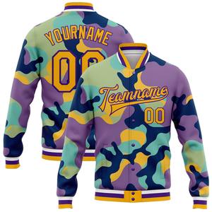 Industria directa, venta al por mayor, informal, invierno, personalizado, camuflaje, oro-púrpura, 3D, bombardero, Full-Snap, Varsity, Letterman, Salute To Service, chaqueta - Product Image 1