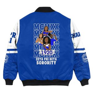 Zeta Phi Beta Sorority Satin Jacket Womens Premium Greek Apparel Blue <b>White</b> ZPB 1920 Shield Embroidery Varsity Look - Product Image 2