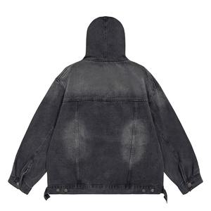 Washed Black Oversized Denim <b>Hoodie</b> Loose Fit <b>Grunge</b> Style Front Pockets Distressed Vintage Look OEM Colors 100% Cotton Custom - Product Image 3