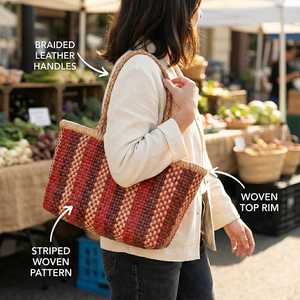 Bolso Tote de Cuero Ecológico Tejido a Mano, Rojo con Patrón Natural, Asas Trenzadas de Mimbre, Ligero, Hecho a Mano, Resistente al Agua, Genuino - Product Image 3