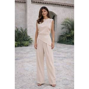 Conjunto de Dos Piezas Mybeefashion para Mujer con Detalle Cruzado en Viscosa, Poliéster y Elastano - Elegante Atuendo Casual Beige con Elástico - Product Image 2