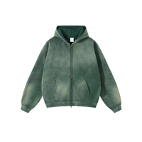 Sudadera con capucha corta de algodón de doble capa de alta calidad para invierno, de peso pesado, estilo boxy, con cremallera completa, para hombre, de felpa francesa, con lavado ácido.
