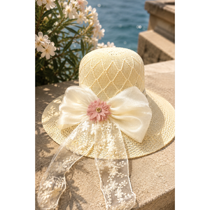 Sombrero de Paja Flexible Crema con Lazo de Tul Floral de Verano, Bordado a Mano, Estampado, para Playa y Fiesta, Hecho de Rafia de Trigo - Product Image 2