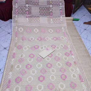 Exclusif Deshi Dhakai Blanc Jamdani Sharee Qualité Exportation pour Femmes JAMDANI FABRIC Bleu VERT Doré Bleu Ciel du Bangladesh - Product Image 1