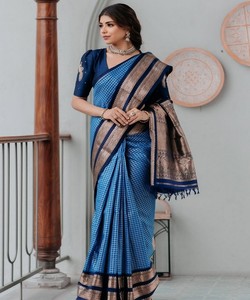 Sari de seda Banarasi de diseño con trabajo de tejido, blusa sin coser, para fiestas, todas las estaciones, precio al por mayor, prenda étnica, azul - Product Image 1