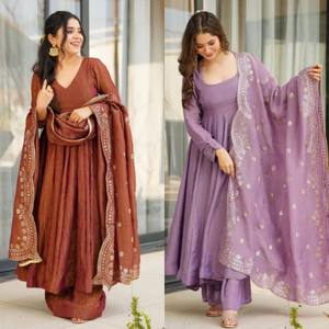 Robe longue TENNECY de créateur avec broderie lourde et sequins, dupatta réversible, séchage rapide, infroissable, longueur maxi pour femme, style indien - Product Image 1
