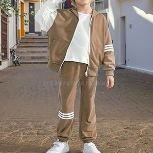 Trendy Brown Boy Conjunto de traje de Otoño de 2 piezas ColorBlock Manga larga Cremallera Sudadera con capucha y pantalones apilados a juego - Product Image 2