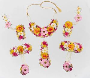 Pakistani Bridal Floral Jewelry Mehndi <b>Set</b> for Haldi Function with Handmade Necklace Ring <b>Earrings</b> <b>and</b> Tikka - Product Image 1