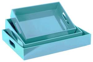 Plateau de service rectangulaire en bois laqué bleu menthe, avec poignées dorées, pour la décoration de table basse, meilleur prix - Product Image 2