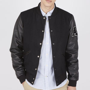 La mejor chaqueta de bombardero de béisbol de tela alta de invierno a la moda, mangas genuinas de lana negra, soporte con capucha, decoración de Letterman bordada - Product Image 1