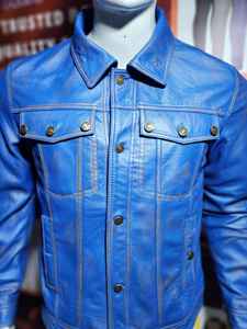 Vestes en jean en cuir bleu vieilli pour hommes, vestes en cuir de meilleure qualité, fabrication professionnelle, à prix réglable - Product Image 5