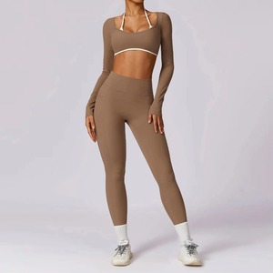 Women's Gym Sportswear Yoga <b>Set</b> Long Sleeve Athletic Crop <b>Top</b> <b>and</b> <b>Legging</b> Solid Pattern Fitness Bra <b>and</b> Push Workout Clothes - Product Image 4