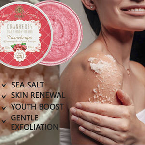 Exfoliante corporal de sal de arándanos nutritivo de la Unión Europea, suministro OEM, hecho con cuidado suave, exfoliante corporal herbal de coco en gel. - Product Image 2