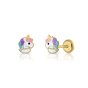 Boucles d'oreilles clous licorne en or massif 9K (disponibles en 10K, 14K, 18K) pour femmes et enfants, avec fermoir à vis, fabriquées en Espagne - Product Image 1