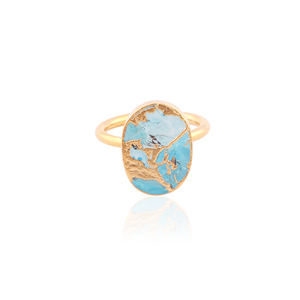 Vente en gros Bague en cuivre turquoise Mohave bleu ciel unisexe faite à la main Bague fine réglable Forme ovale Galvanoplastie Anneaux bordés - Product Image 1