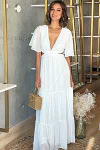 2025 Look de vacaciones nuevo bohemio largo elegante cuello en V vacaciones media manga con escalonado verano Casual señoras blanco Maxi vestido - Product Image 4