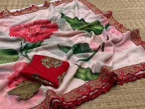 Diwali Collection meilleur tissu vêtements ethniques Georgette Saree avec chemisier avec impression numérique et broderie travail à vendre - Product Image 3