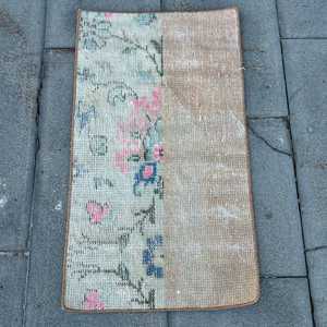 Turkish Vintage <b>Wool</b> Patchwork Rug 1.3x2.4 ft (41x73 Cm) <b>Brown</b> with Latex Backing - Product Image 1