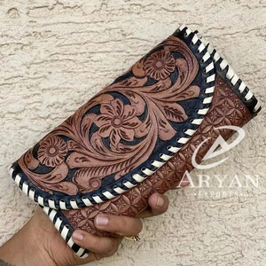 Cartera tallada a mano, funda de teléfono de embrague, elegante Cartera de Color turquesa multiusos para mujer, carteras de cuero occidental - Product Image 1