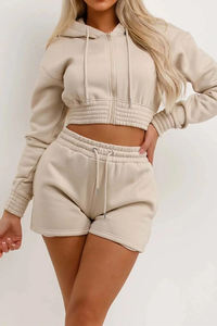 Ensemble 2 pièces beige personnalisé Sweats à capuche et shorts pour femmes à épaules tombantes | Streetwear Ensemble de survêtements à capuche zippés - Product Image 3